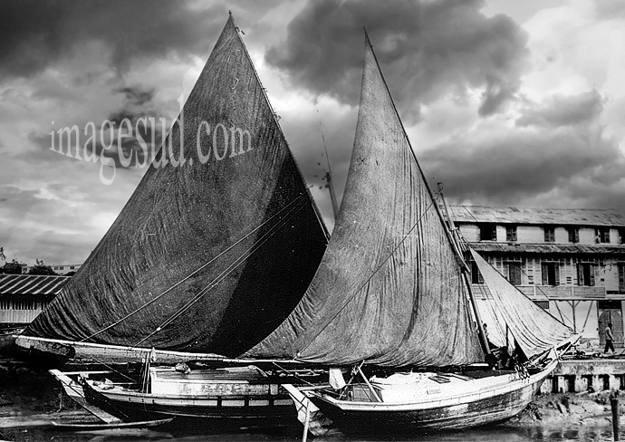 Bateaux à voiles de type tapouille brésilienne faisant sécher leurs voiles, port de Cayenne, photo d'archives, vintage noir et blanc