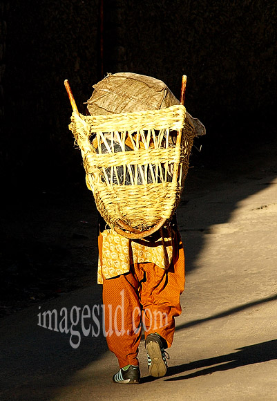 Femme du Ladakh portant une hotte sur le dos